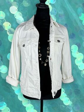 LC Lauren Conrad Jean Jacket White Cropped Cotton/Spandex Lots Of Pockets XS